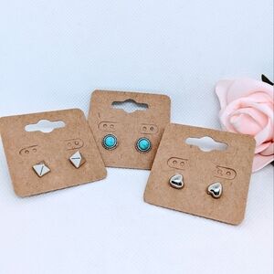 NEW 3 Pairs Stud Earrings Silver Tone and Faux Turquoise Boho Fashion Jewellery